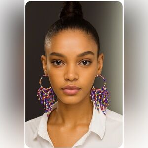 Beaded Multicolored Fringe Hoop Earrings